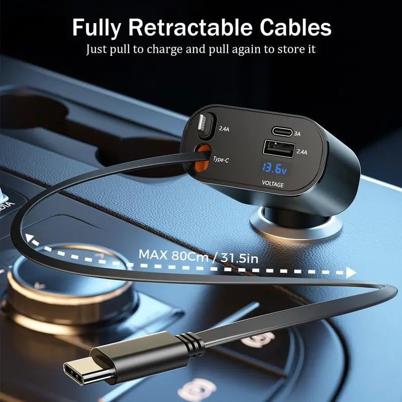 120W 4 in 1 Retractable Car Charger Socket New 2025,Multi USB Car Charger Type C Adapter with Dual Ports, car Mobile Charger Compatible with Android