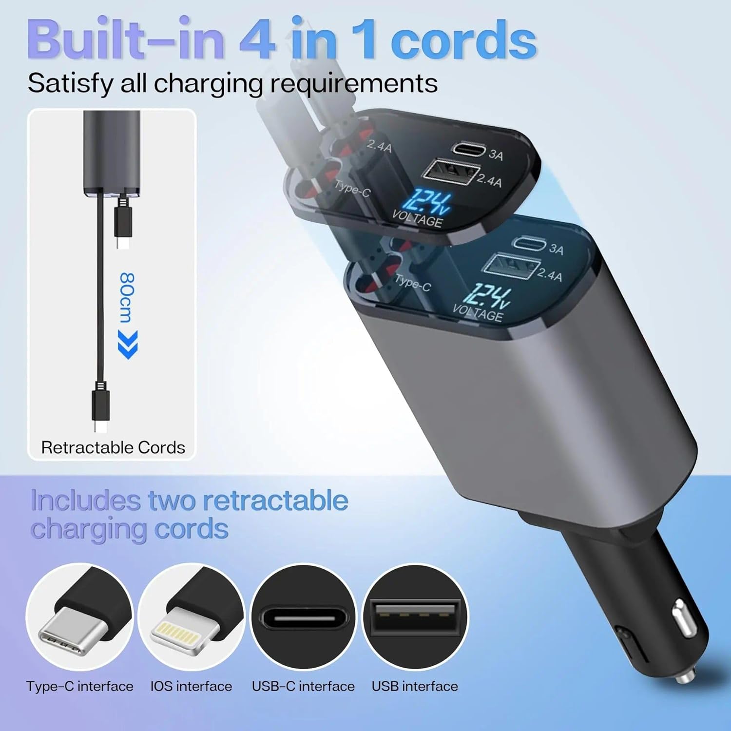 120W 4 in 1 Retractable Car Charger Socket New 2025,Multi USB Car Charger Type C Adapter with Dual Ports, car Mobile Charger Compatible with Android