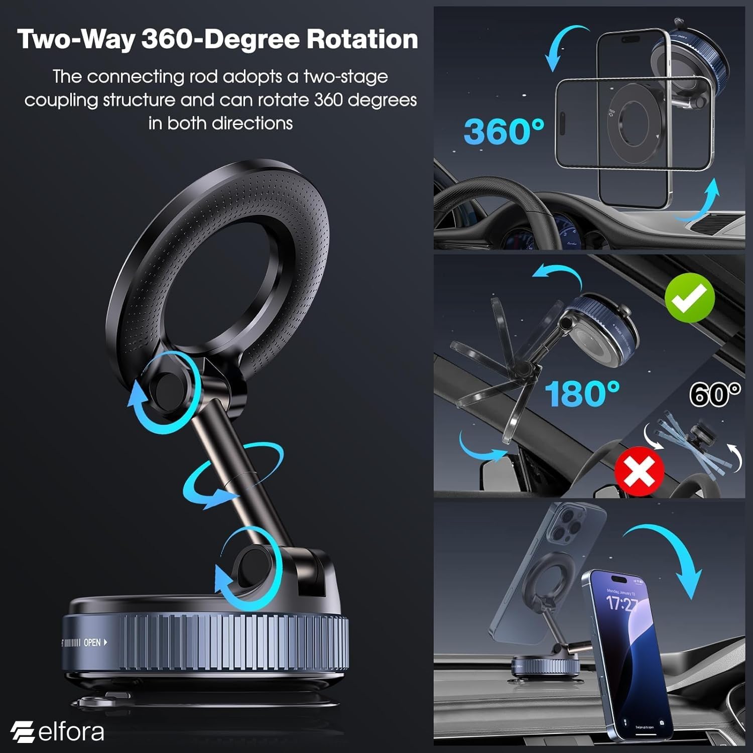 Vacuum Magnetic Dashboard Phone Holder | 360° Adjustable & Foldable Hands-Free Suction Mount for Car/Gym/Mirror | Strong MagSafe Compatible with iPhone Android and All Smartphones (Black)