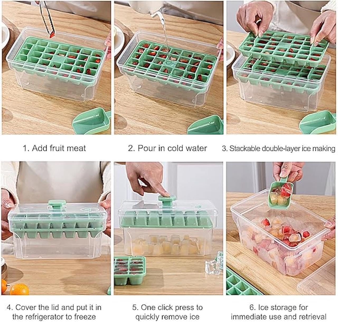 Easy Press Ice Tray Container, 2 Layer Ice Cube Tray with Lid & Bin, Effortless Ice Cube Maker, One Press Demolding Ice Tray, 68 Ice Cubes Tray for Whiskey Cocktails Mocktails Soft Drinks