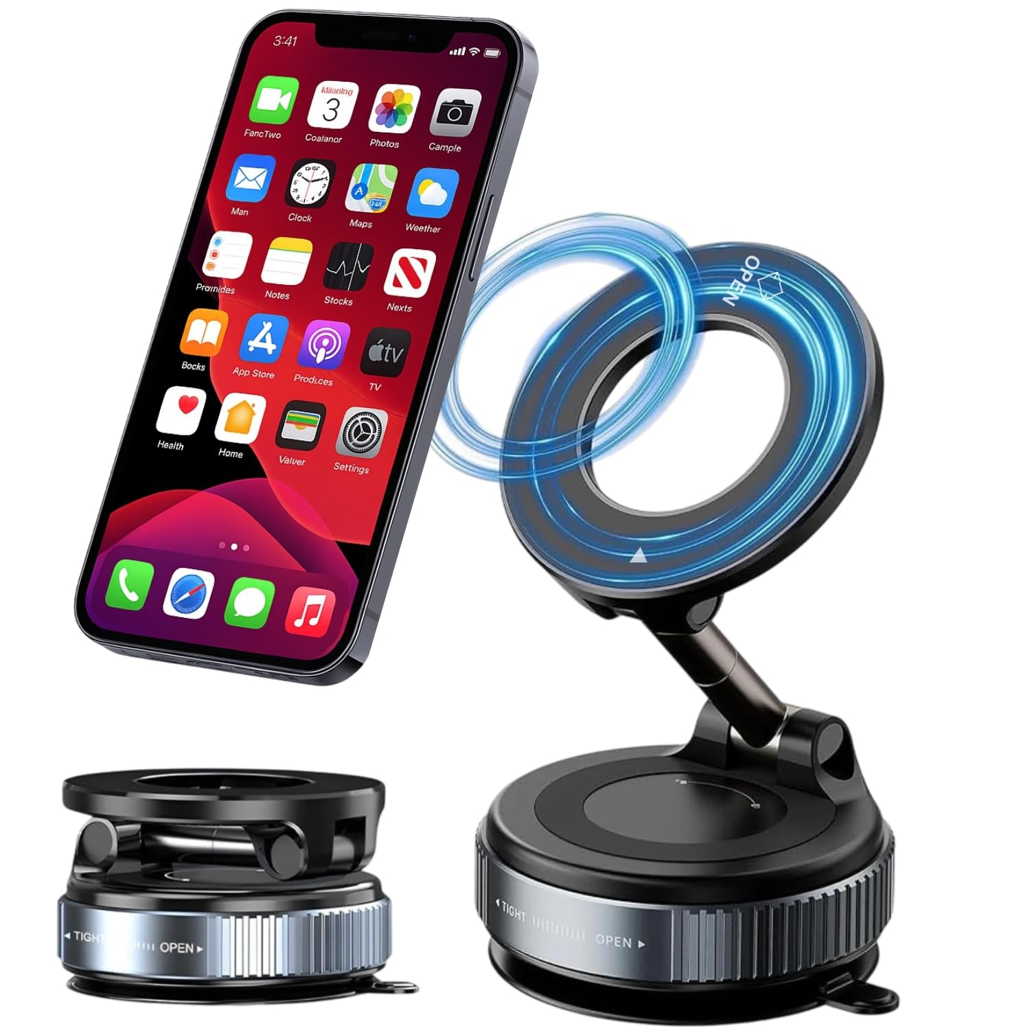 Vacuum Magnetic Dashboard Phone Holder | 360° Adjustable & Foldable Hands-Free Suction Mount for Car/Gym/Mirror | Strong MagSafe Compatible with iPhone Android and All Smartphones (Black)