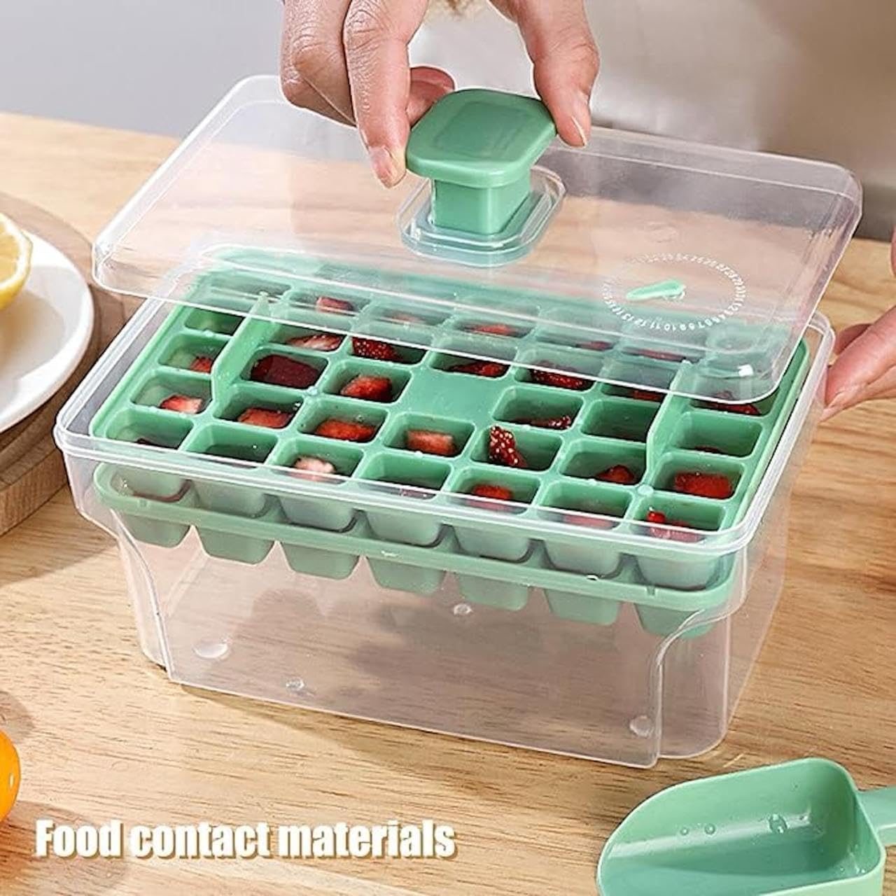 Easy Press Ice Tray Container, 2 Layer Ice Cube Tray with Lid & Bin, Effortless Ice Cube Maker, One Press Demolding Ice Tray, 68 Ice Cubes Tray for Whiskey Cocktails Mocktails Soft Drinks