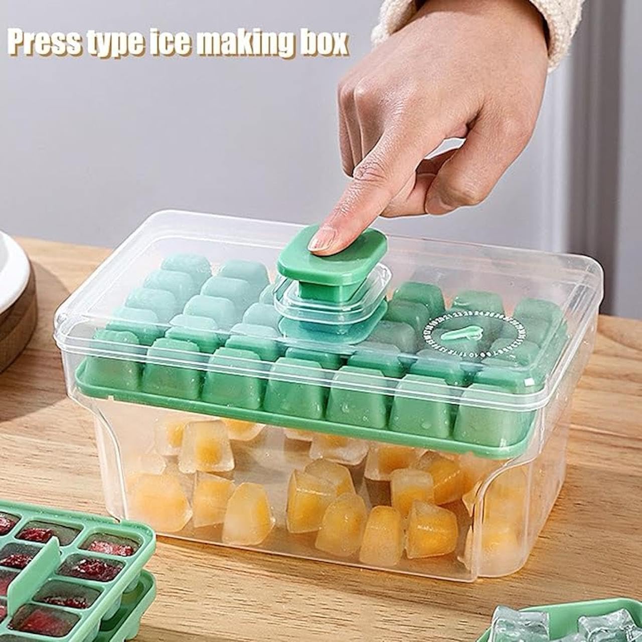 Easy Press Ice Tray Container, 2 Layer Ice Cube Tray with Lid & Bin, Effortless Ice Cube Maker, One Press Demolding Ice Tray, 68 Ice Cubes Tray for Whiskey Cocktails Mocktails Soft Drinks