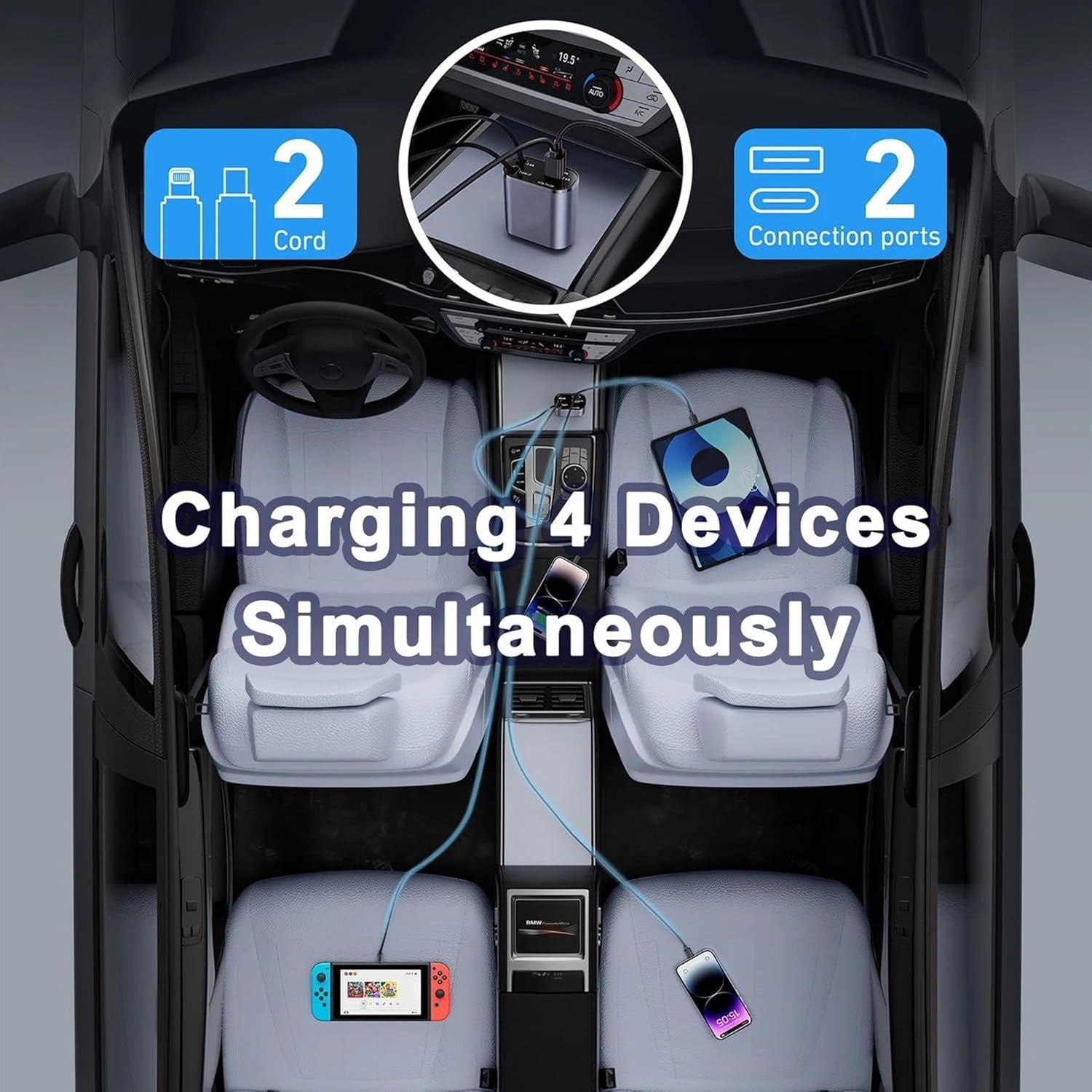 120W 4 in 1 Retractable Car Charger Socket New 2025,Multi USB Car Charger Type C Adapter with Dual Ports, car Mobile Charger Compatible with Android