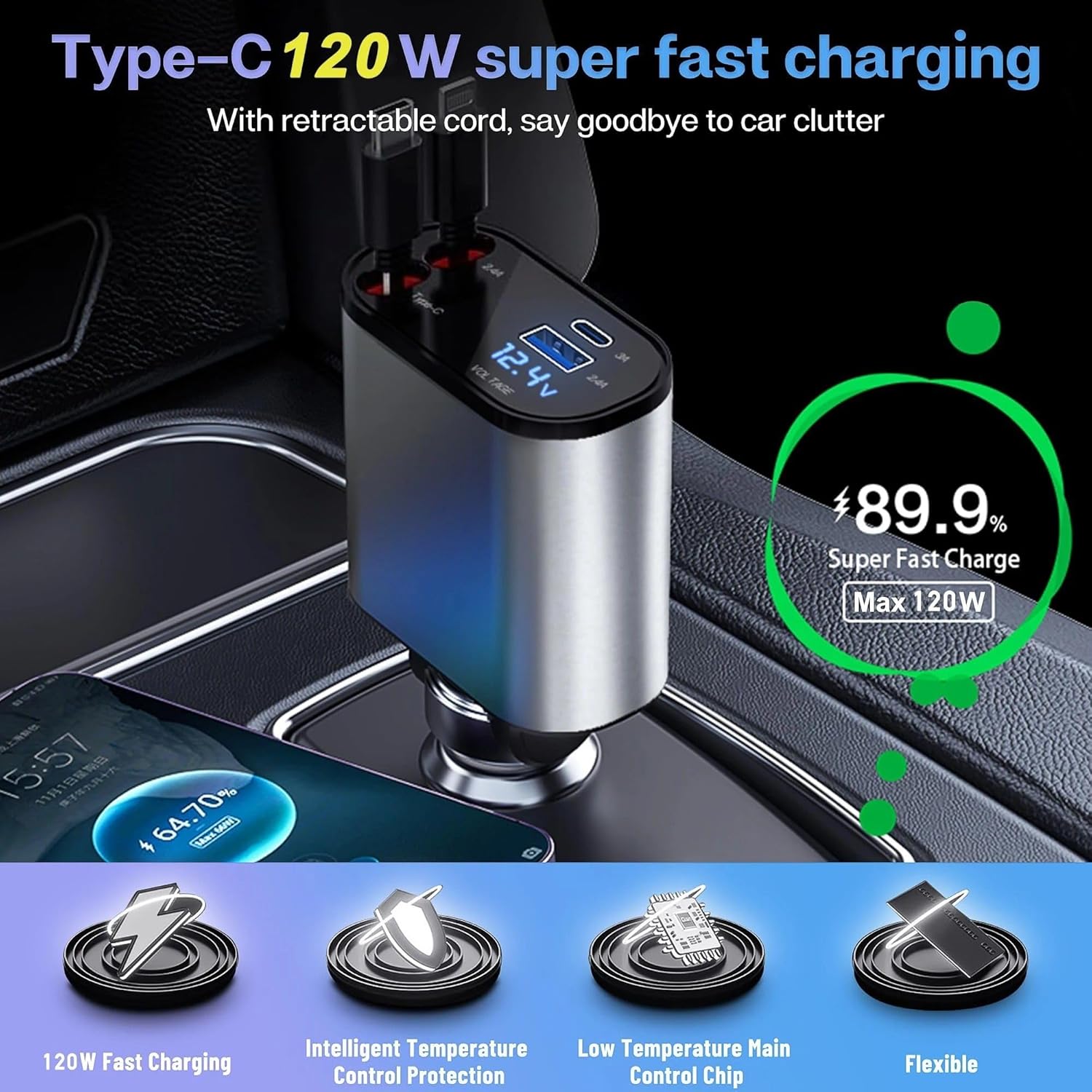120W 4 in 1 Retractable Car Charger Socket New 2025,Multi USB Car Charger Type C Adapter with Dual Ports, car Mobile Charger Compatible with Android