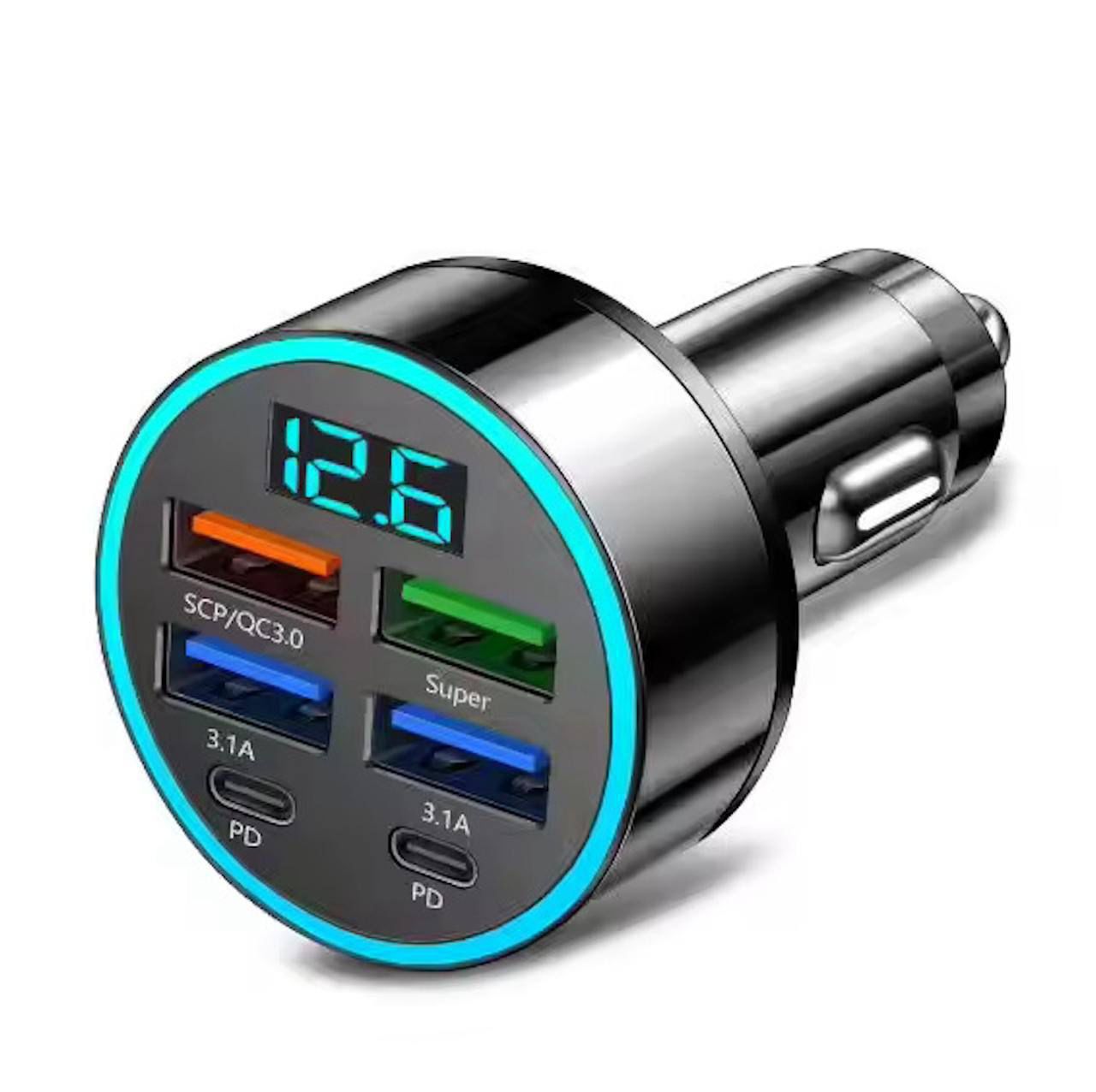 *6 In 1 Car Charger | USB Car Charger | Car USB Adapter | Fast Charging Car Charger Adapter | Multi-Function Car Charger Block | Charger for Charging Multiple Devices | 2PD+4USB Car Charger | Digital Display Car Vehicle Charging Adapter | 2 Type C + 4USB