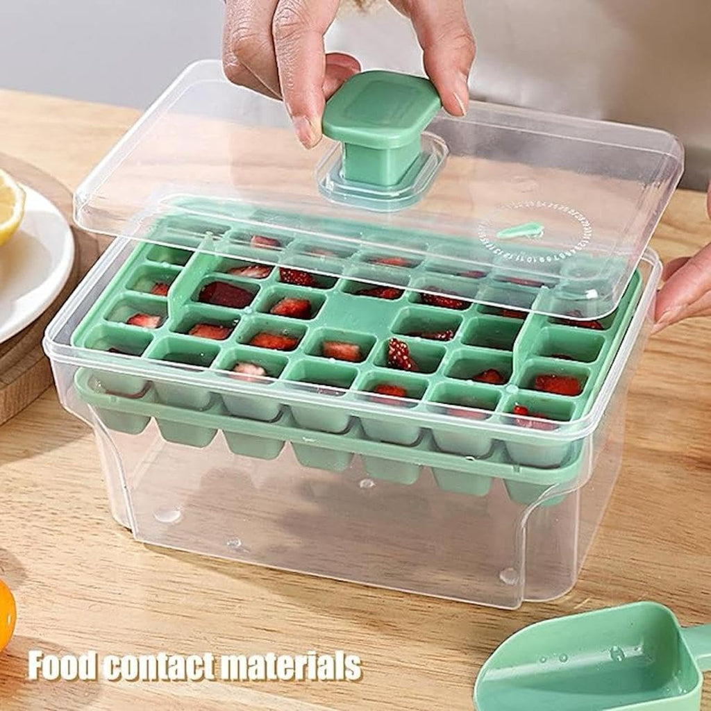 Easy Press Ice Tray Container, 2 Layer Ice Cube Tray with Lid & Bin, Effortless Ice Cube Maker, One Press Demolding Ice Tray, 68 Ice Cubes Tray for Whiskey Cocktails Mocktails Soft Drinks